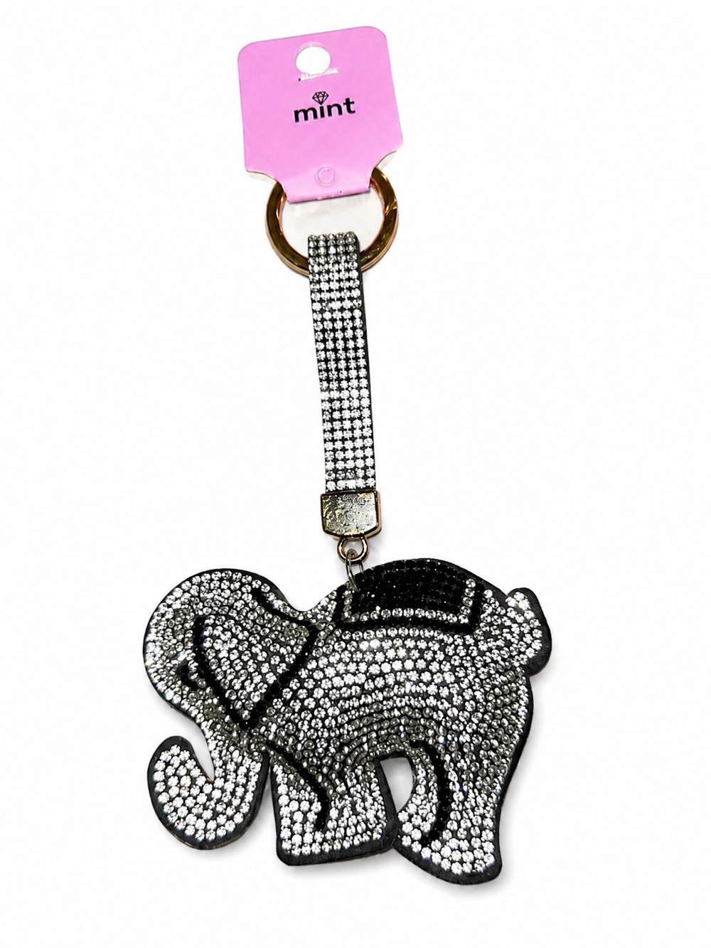 NWT Mint Rhinestone Elephant Keychain Bag Charm Bling Sparkly Black Silver